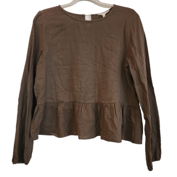 NWT Copper Key Olive Long Sleeve Peplum Top Size L Crinkle Cotton Fabric Soft - Picture 2 of 14